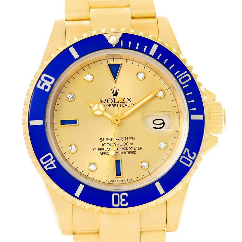 Rolex Submariner Yellow Gold Diamond Sapphire Serti Dial Watch 16618 SwissWatchExpo