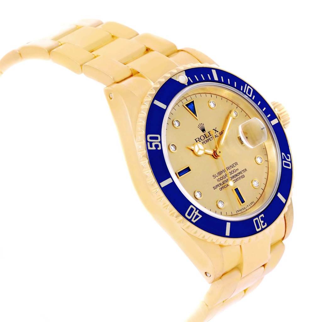 The image shows a side angle view of a Rolex Submariner 16618 Men's Yellow Gold Champagne Dial 16618 Men's Yellow Gold Champagne Dial watch, highlighting its bracelet, bezel, and face.