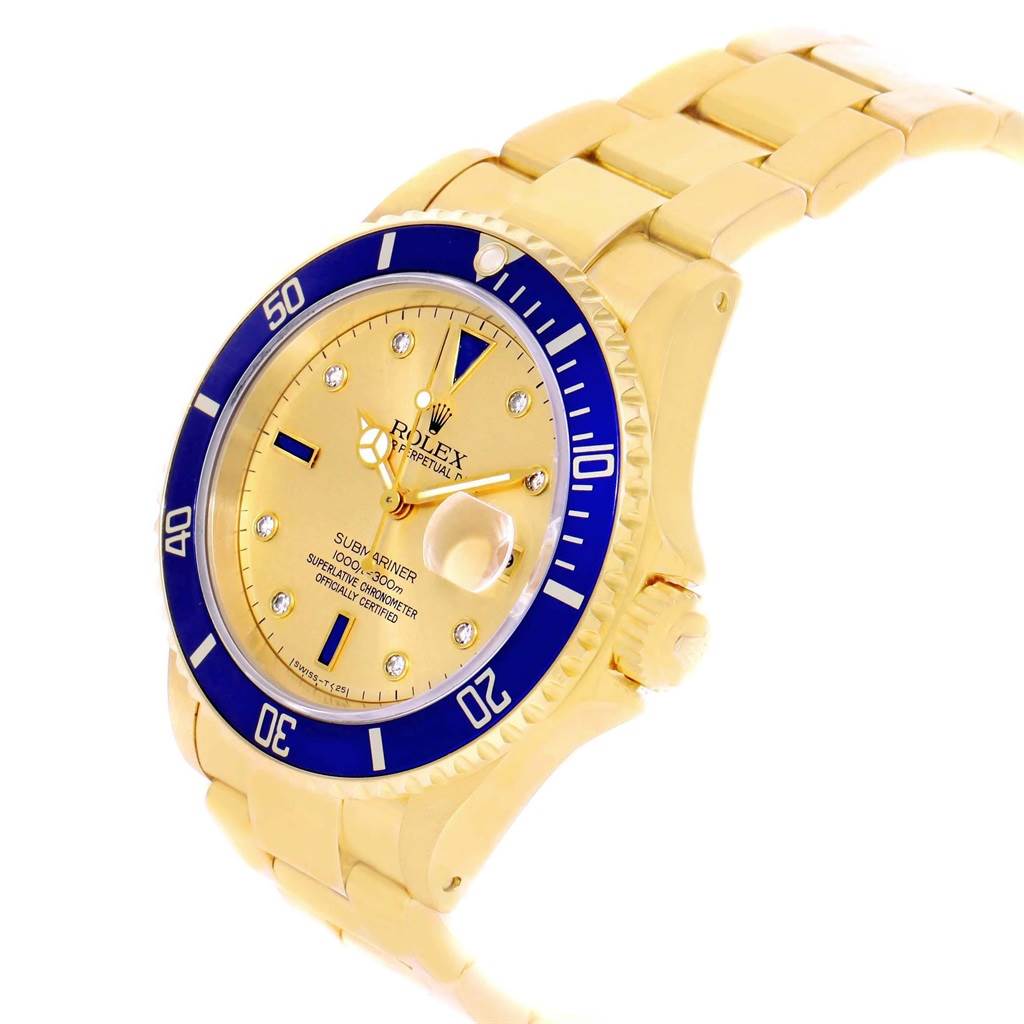 The image shows a side angle of a Rolex Submariner 16618 Men's Yellow Gold Champagne Dial 16618 Men's Yellow Gold Champagne Dial watch, displaying the bezel, dial, case, and part of the bracelet.