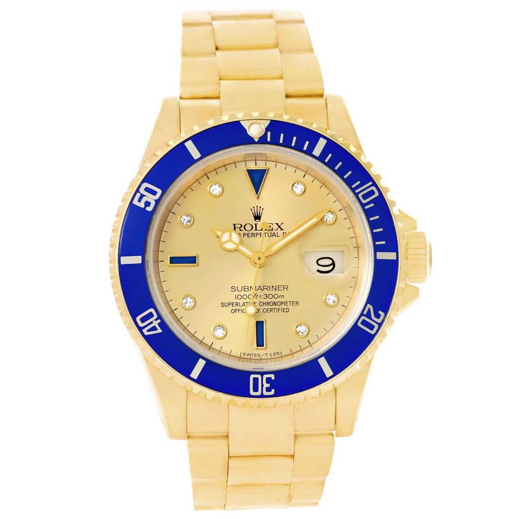 This image shows a front view of a Rolex Submariner 16618 Men's Yellow Gold Champagne Dial 16618 Men's Yellow Gold Champagne Dial watch, displaying the face, bezel, and bracelet.