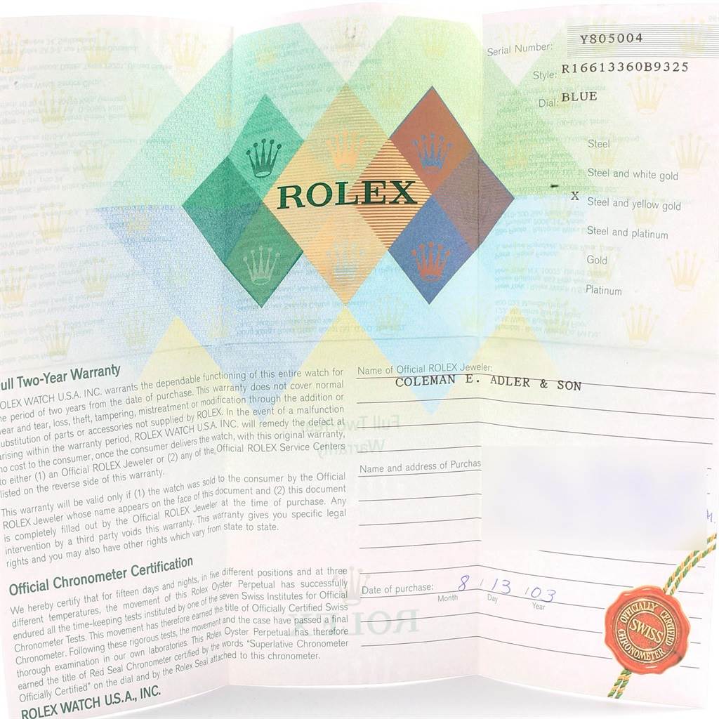 This image shows the warranty and certification papers for a Rolex Submariner 16613 Men's Steel and Gold (two tone) Blue Dial 16613 Men's Steel and Gold (two tone) Blue Dial watch.