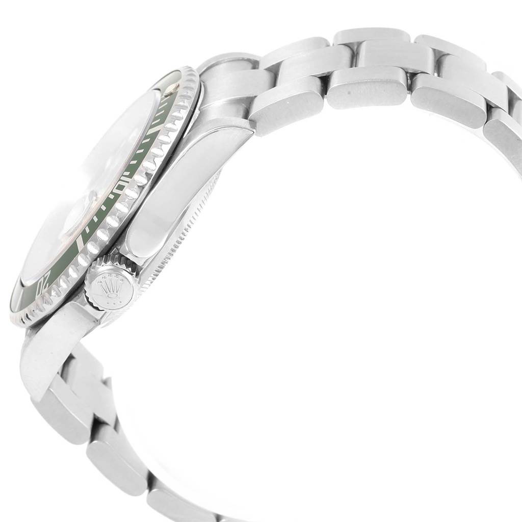 The image shows a side view of the Rolex Submariner 16610LV Men's Stainless Steel Black Dial 16610LV Men's Stainless Steel Black Dial watch, highlighting its crown, bezel, and part of the bracelet.