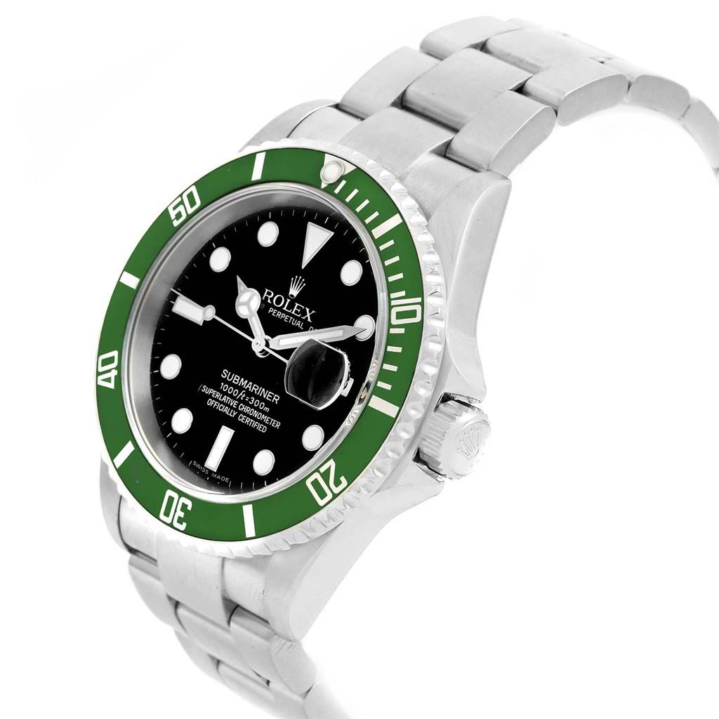This image shows a Rolex Submariner 16610LV Men's Stainless Steel Black Dial 16610LV Men's Stainless Steel Black Dial watch angled from the front-left, highlighting the dial, bezel, and part of the band.