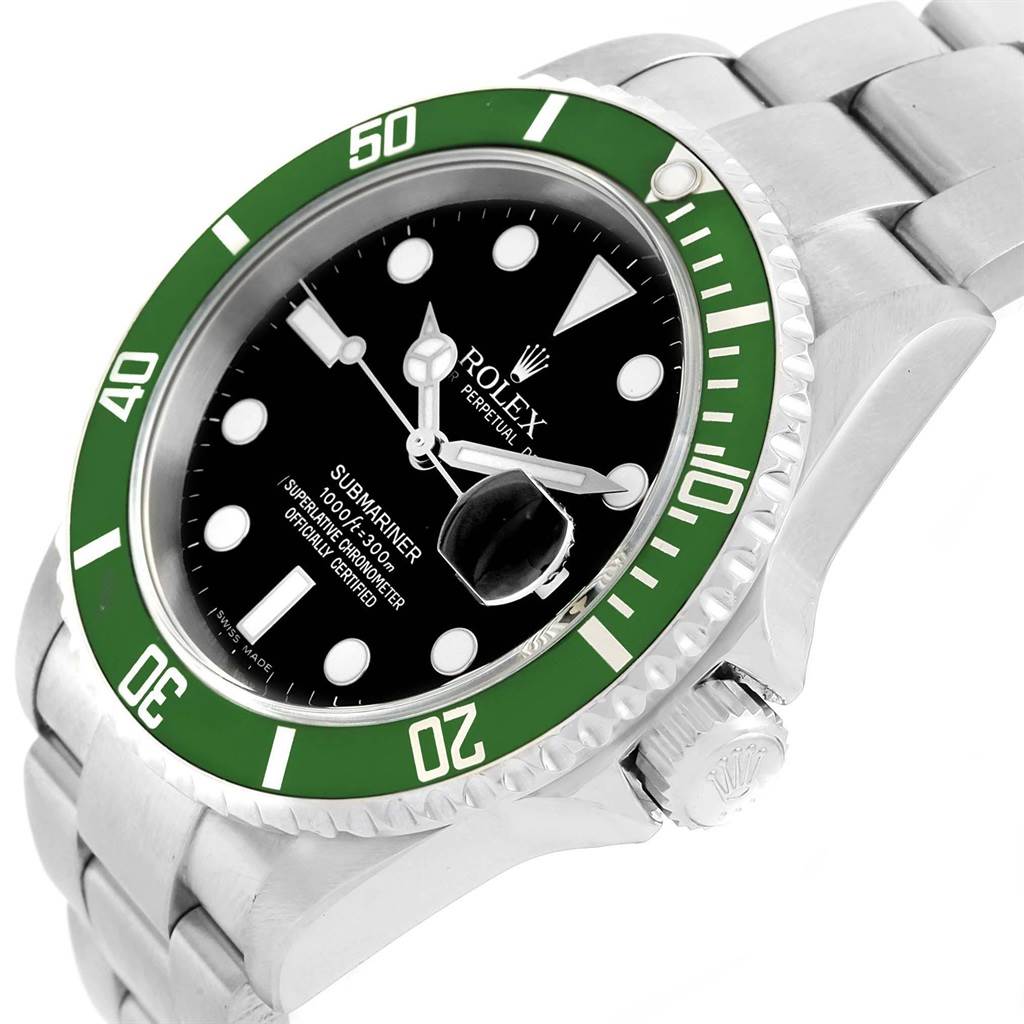 The image shows an angled view of a Rolex Submariner 16610LV Men's Stainless Steel Black Dial 16610LV Men's Stainless Steel Black Dial watch, highlighting its green bezel, black dial, and metal bracelet.