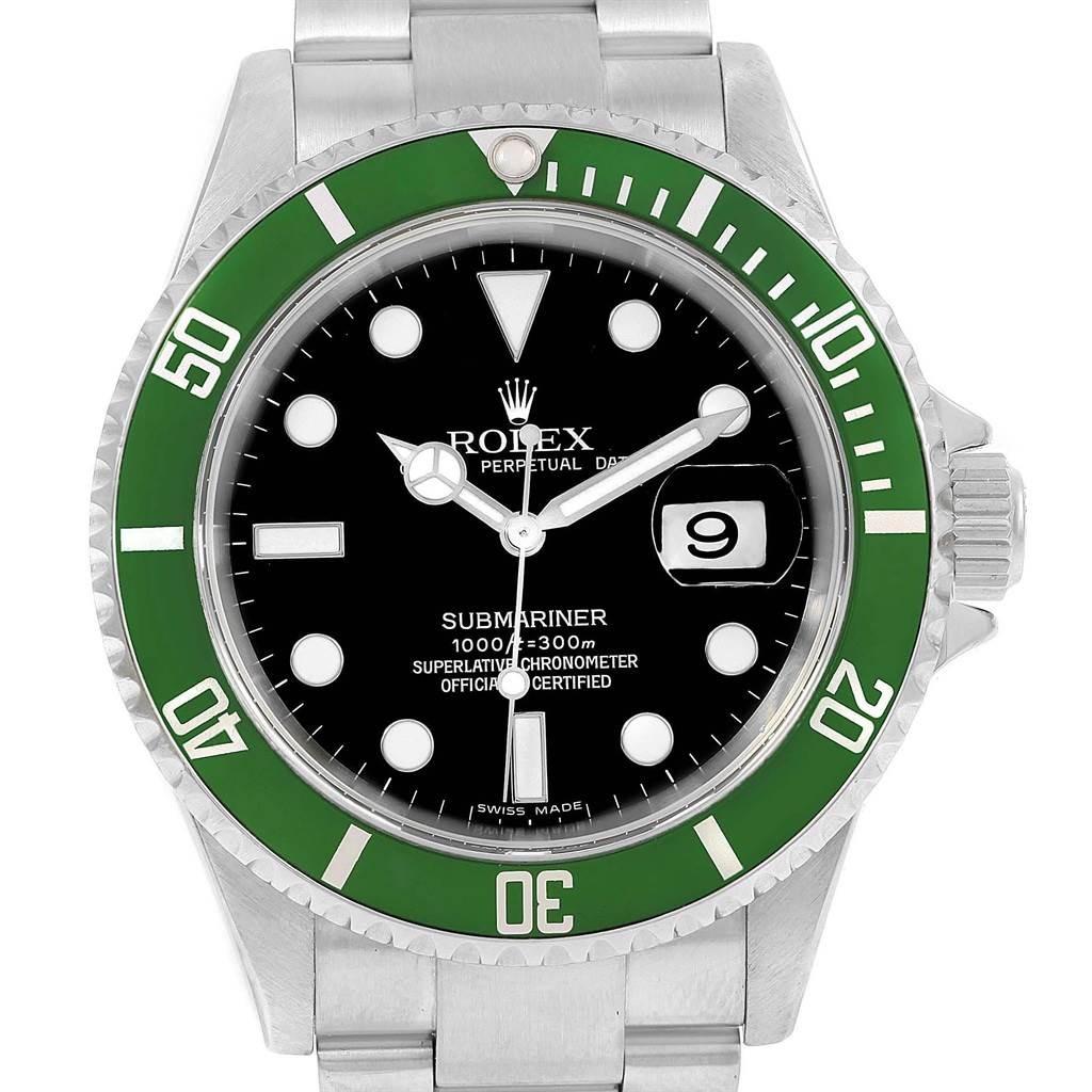The image shows a front view of a Rolex Submariner 16610LV Men's Stainless Steel Black Dial 16610LV Men's Stainless Steel Black Dial watch, highlighting its green bezel, black dial, and stainless steel bracelet.