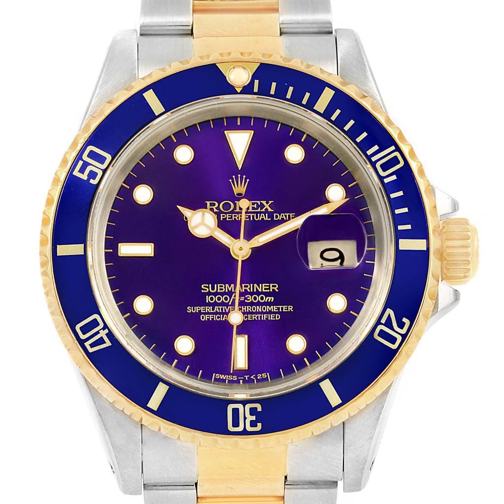 The image shows a front view of a Rolex Submariner 16613 Men's Steel and Gold (two tone) Blue Dial 16613 Men's Steel and Gold (two tone) Blue Dial watch with a blue dial, gold accents, and a two-tone band.