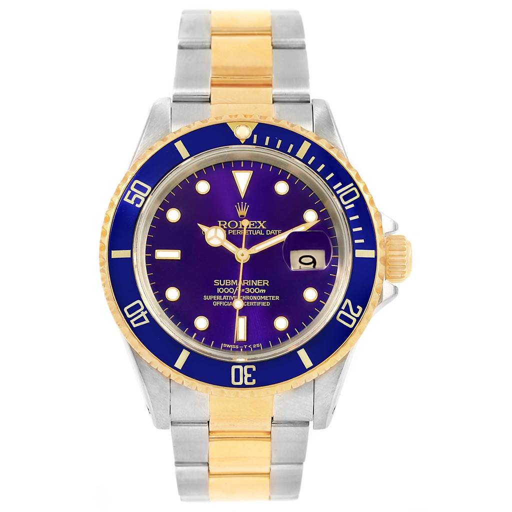 This image shows a front view of a Rolex Submariner 16613 Men's Steel and Gold (two tone) Blue Dial 16613 Men's Steel and Gold (two tone) Blue Dial watch displaying its face, bezel, and bracelet.