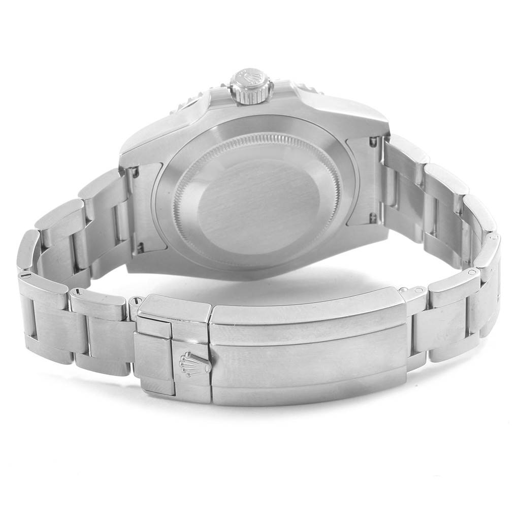 The image shows the back view of a Rolex Submariner 116610LV Men's Stainless Steel Green Dial 116610LV Men's Stainless Steel Green Dial watch, highlighting its clasp, bracelet, and case back.