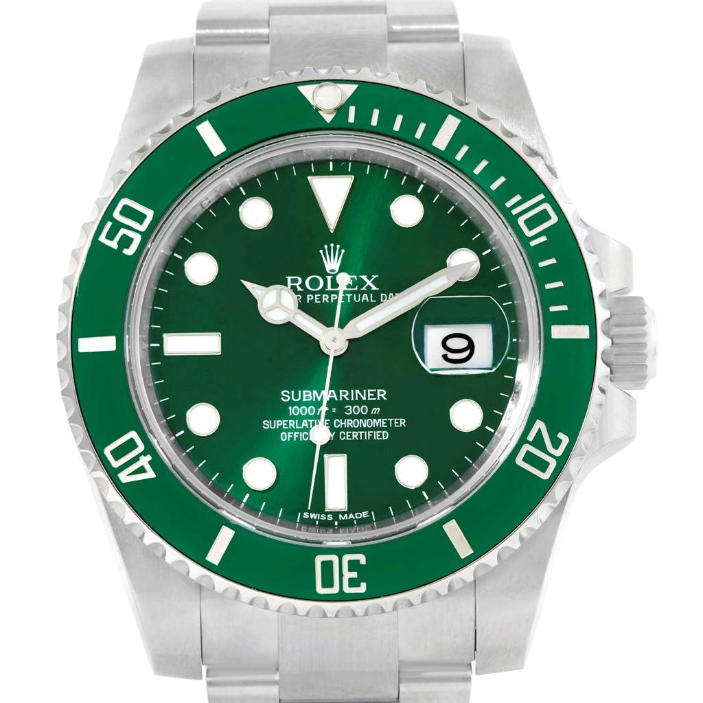 The image shows a frontal view of a Rolex Submariner 116610LV Men's Stainless Steel Green Dial 116610LV Men's Stainless Steel Green Dial watch, featuring a green dial and bezel, date display, and stainless steel band.