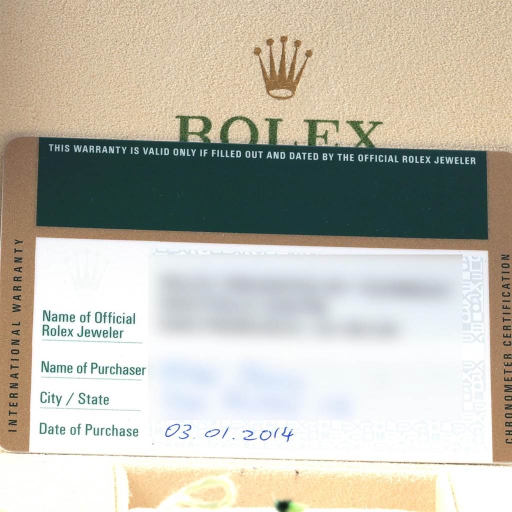 The image shows the warranty card for a Rolex Submariner 116610LV Men's Stainless Steel Green Dial 116610LV Men's Stainless Steel Green Dial, including purchase details and Rolex branding.