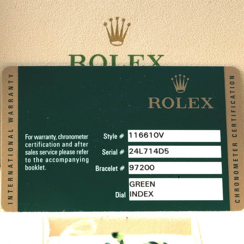 The image shows the warranty card for a Rolex Submariner 116610LV Men's Stainless Steel Green Dial 116610LV Men's Stainless Steel Green Dial with a green dial and reference number 116610V.