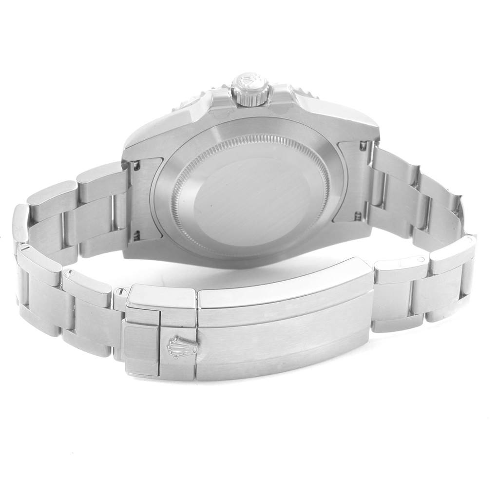 This image shows the backside and bracelet of a Rolex Submariner 116610LV Men's Stainless Steel Green Dial 116610LV Men's Stainless Steel Green Dial watch with the clasp and case back visible.