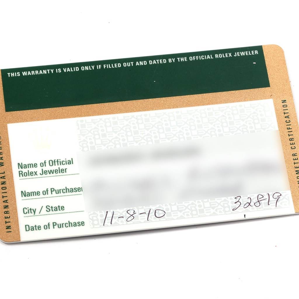 The image shows the warranty card for the Rolex Submariner 116610LV Men's Stainless Steel Green Dial 116610LV Men's Stainless Steel Green Dial watch, displaying the purchase date and partial warranty details.