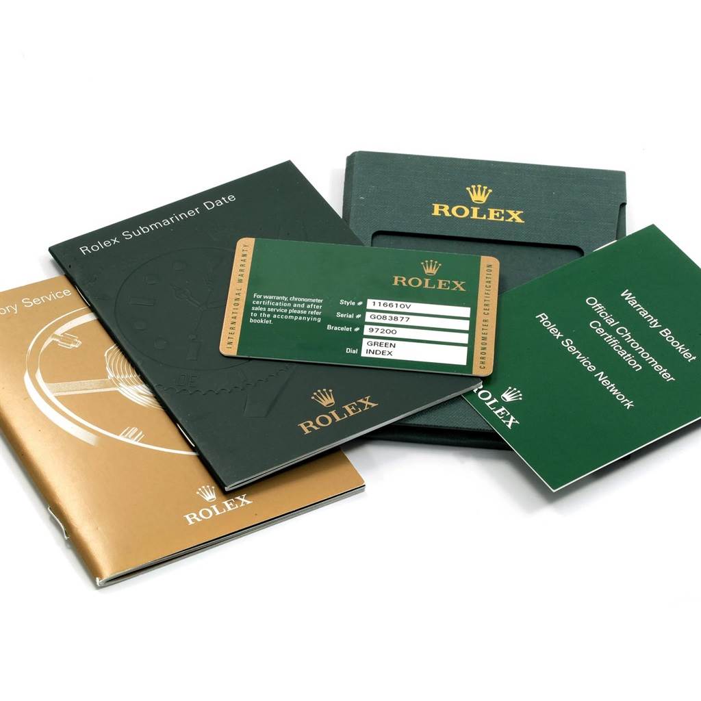 This image shows the warranty card and booklets for a Rolex Submariner 116610LV Men's Stainless Steel Green Dial 116610LV Men's Stainless Steel Green Dial model watch.