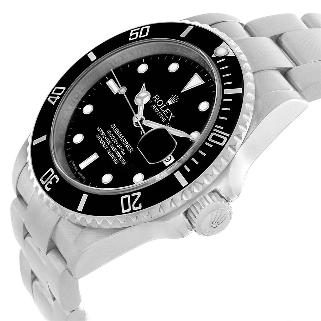 The image shows a Rolex Submariner 16610 Men
s Stainless Steel Black Dial 16610 Men
s Stainless Steel Black Dial watch at an angle, highlighting the face, bezel, and a portion of the bracelet.