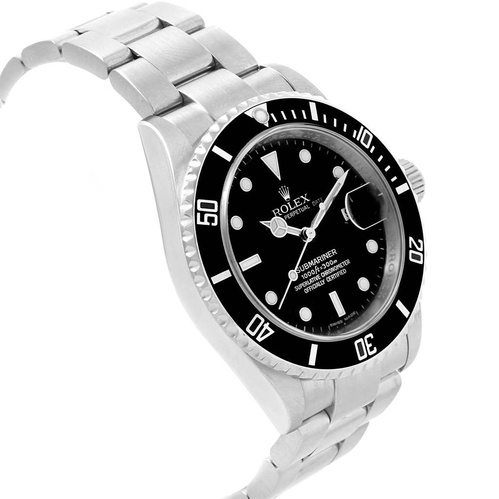 The Rolex Submariner 16610 Men
s Stainless Steel Black Dial 16610 Men
s Stainless Steel Black Dial watch is displayed at a slight left side angle, showing the face, bezel, and a partial view of the bracelet.