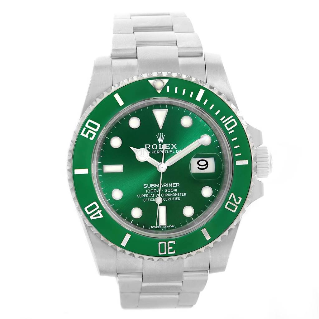 The image shows a front view of the Rolex Submariner 116610LV Men's Stainless Steel Green Dial 116610LV Men's Stainless Steel Green Dial watch, highlighting its green dial, bezel, and metal bracelet.