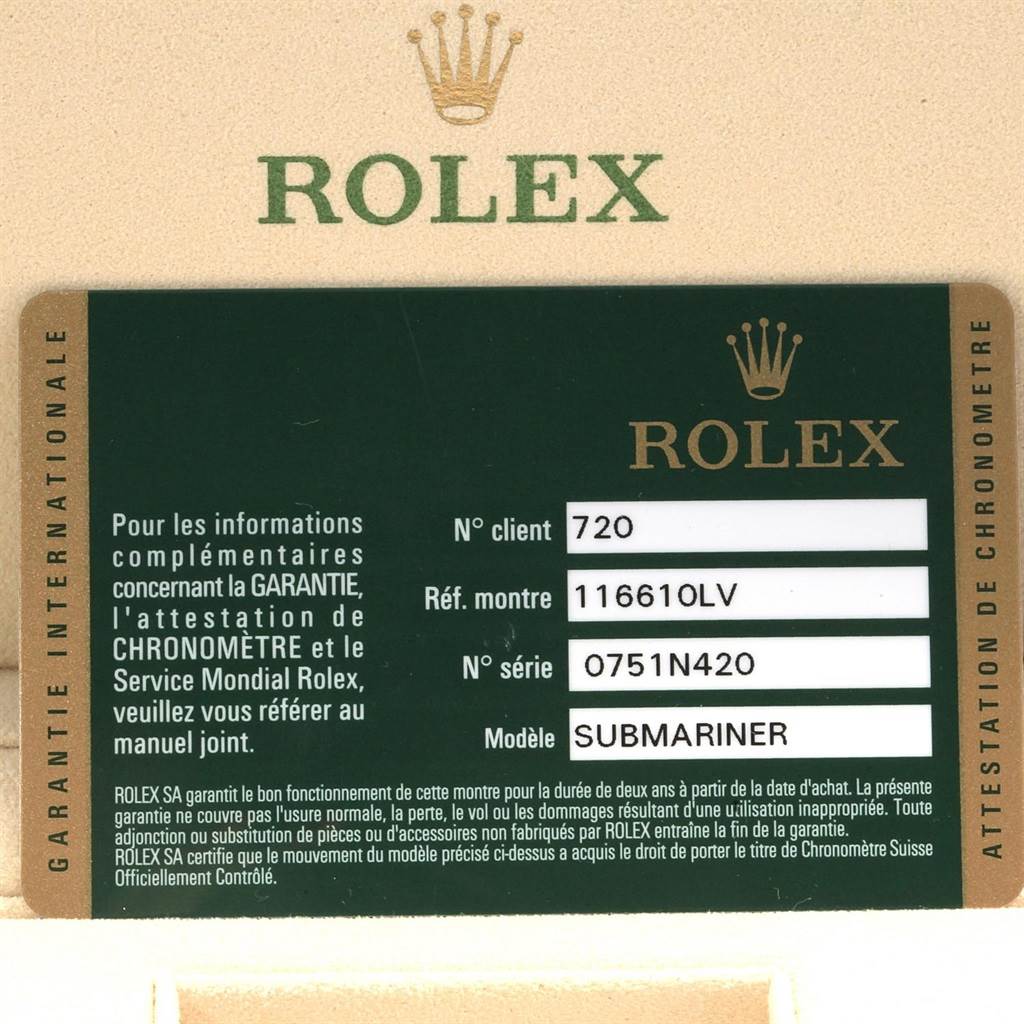 The image shows a warranty card for a Rolex Submariner 116610LV Men's Stainless Steel Green Dial 116610LV Men's Stainless Steel Green Dial model, displaying client number, reference number, and serial number.