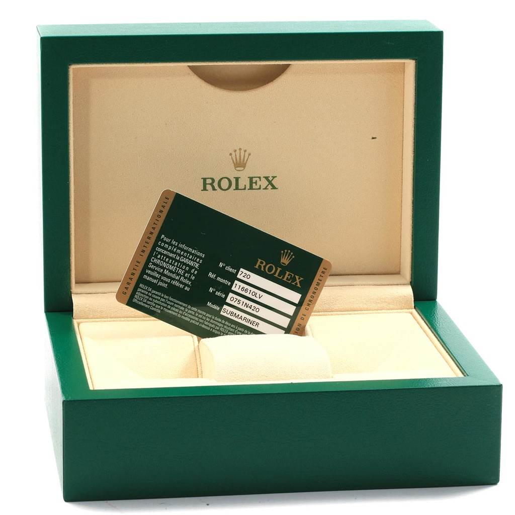 The image shows the open box and warranty card for a Rolex Submariner 116610LV Men's Stainless Steel Green Dial 116610LV Men's Stainless Steel Green Dial watch from a frontal angle.