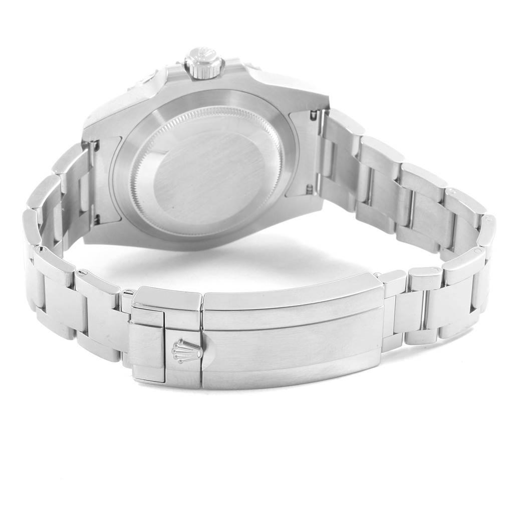 The image shows the back view, case back, crown, and bracelet clasp of a Rolex Submariner 116610LV Men's Stainless Steel Green Dial 116610LV Men's Stainless Steel Green Dial watch.