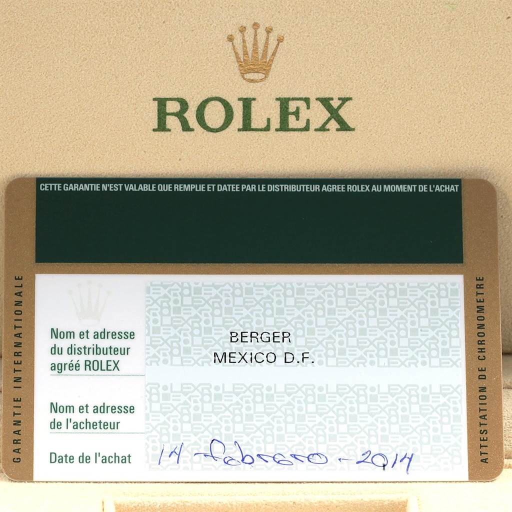 This image shows a warranty card for a Rolex Submariner 116610LV Men's Stainless Steel Green Dial 116610LV Men's Stainless Steel Green Dial with the brand's logo and dealer information.