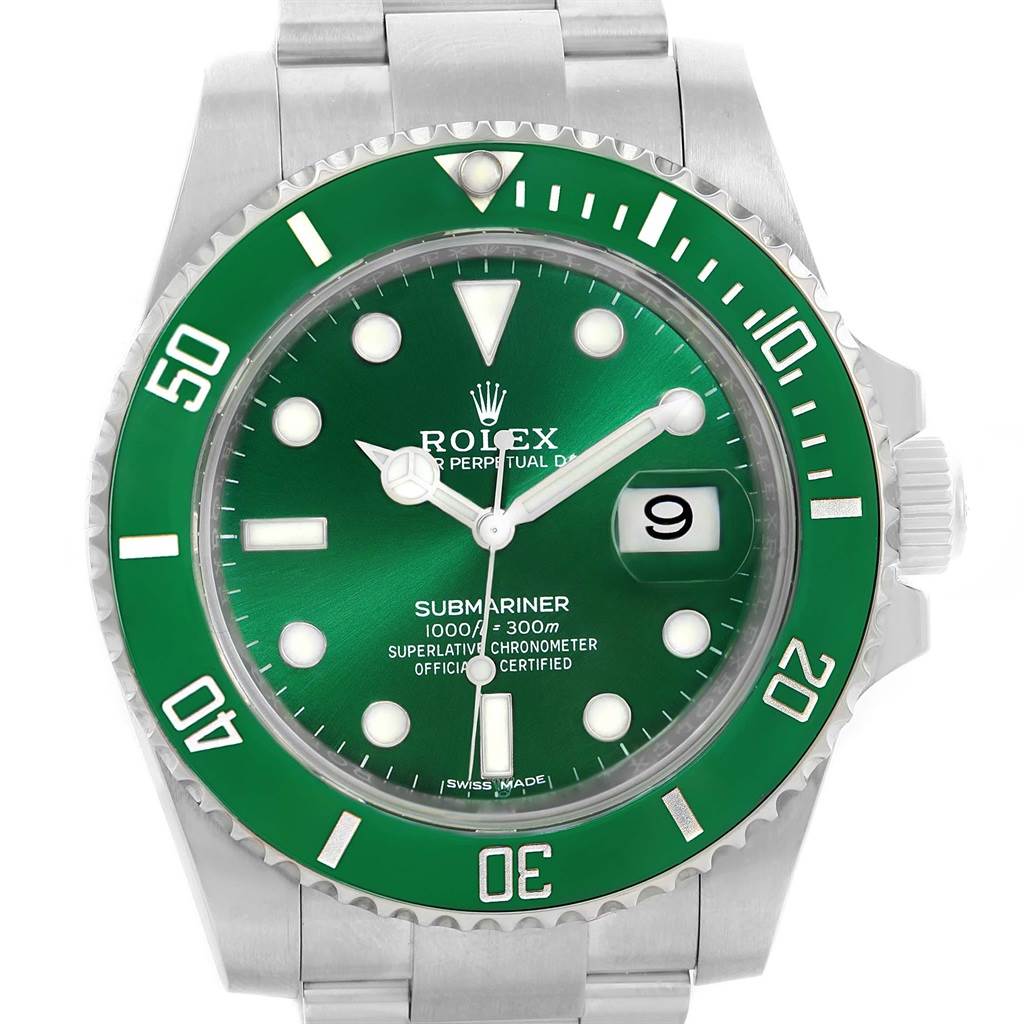 This image shows a frontal view of a Rolex Submariner 116610LV Men's Stainless Steel Green Dial 116610LV Men's Stainless Steel Green Dial watch with a green bezel and dial, featuring a date display.