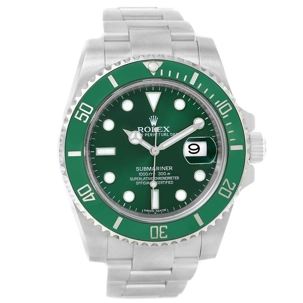 The image shows a front view of a Rolex Submariner 116610LV Men's Stainless Steel Green Dial 116610LV Men's Stainless Steel Green Dial with a green bezel and dial, highlighting the time, date, and bracelet.