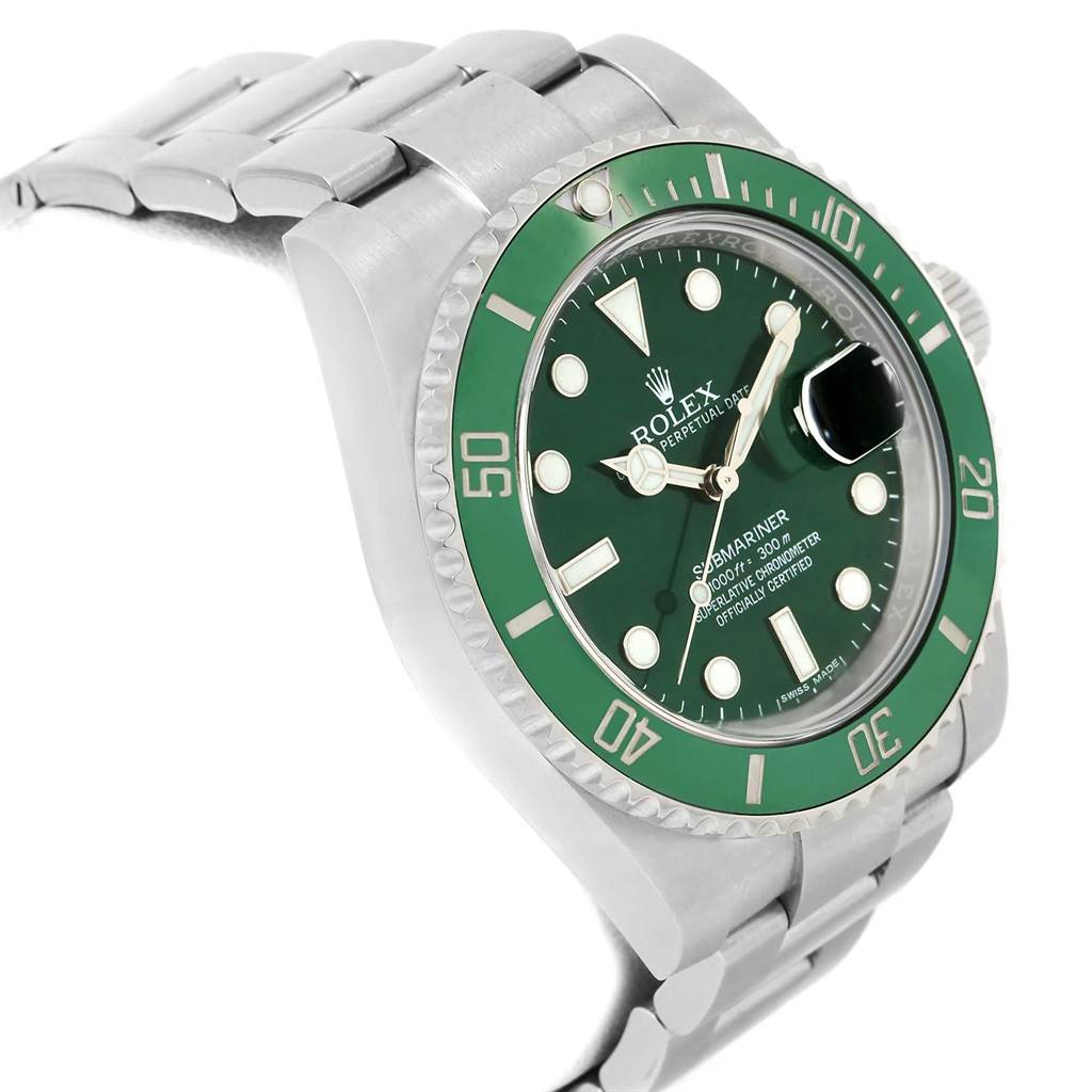 The image shows a Rolex Submariner 116610LV Men's Stainless Steel Green Dial 116610LV Men's Stainless Steel Green Dial watch at an oblique angle, highlighting the green bezel, face, and part of the bracelet.
