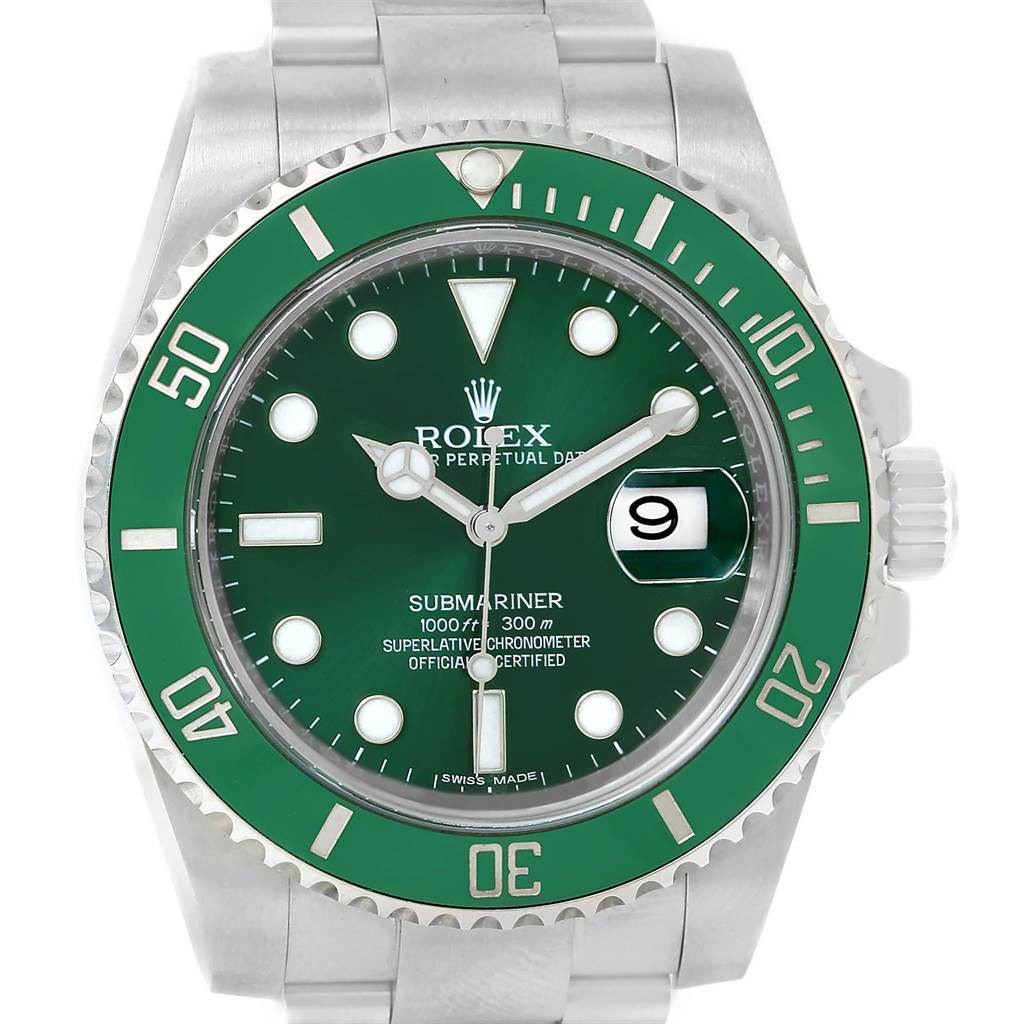A front view of the Rolex Submariner 116610LV Men's Stainless Steel Green Dial 116610LV Men's Stainless Steel Green Dial watch showcasing the green dial, bezel, and bracelet.