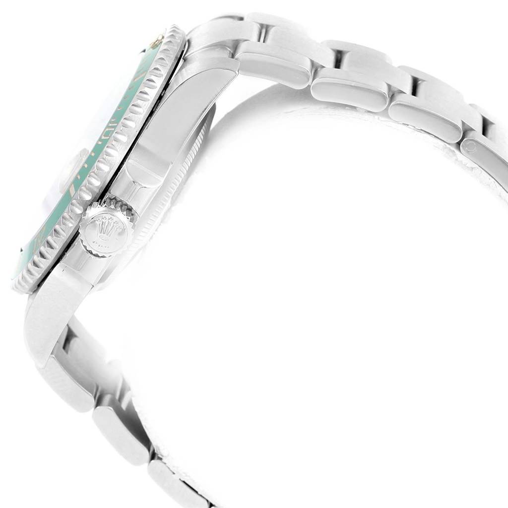 This image shows a side view of the Rolex Submariner 116610LV Men's Stainless Steel Green Dial 116610LV Men's Stainless Steel Green Dial watch, highlighting its crown, case, and bracelet.