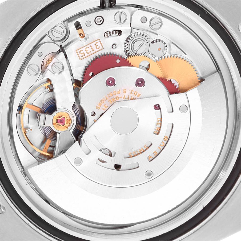 The image shows the internal mechanism of a Rolex Submariner 116610LV Men's Stainless Steel Green Dial 116610LV Men's Stainless Steel Green Dial watch, including gears and the rotor.