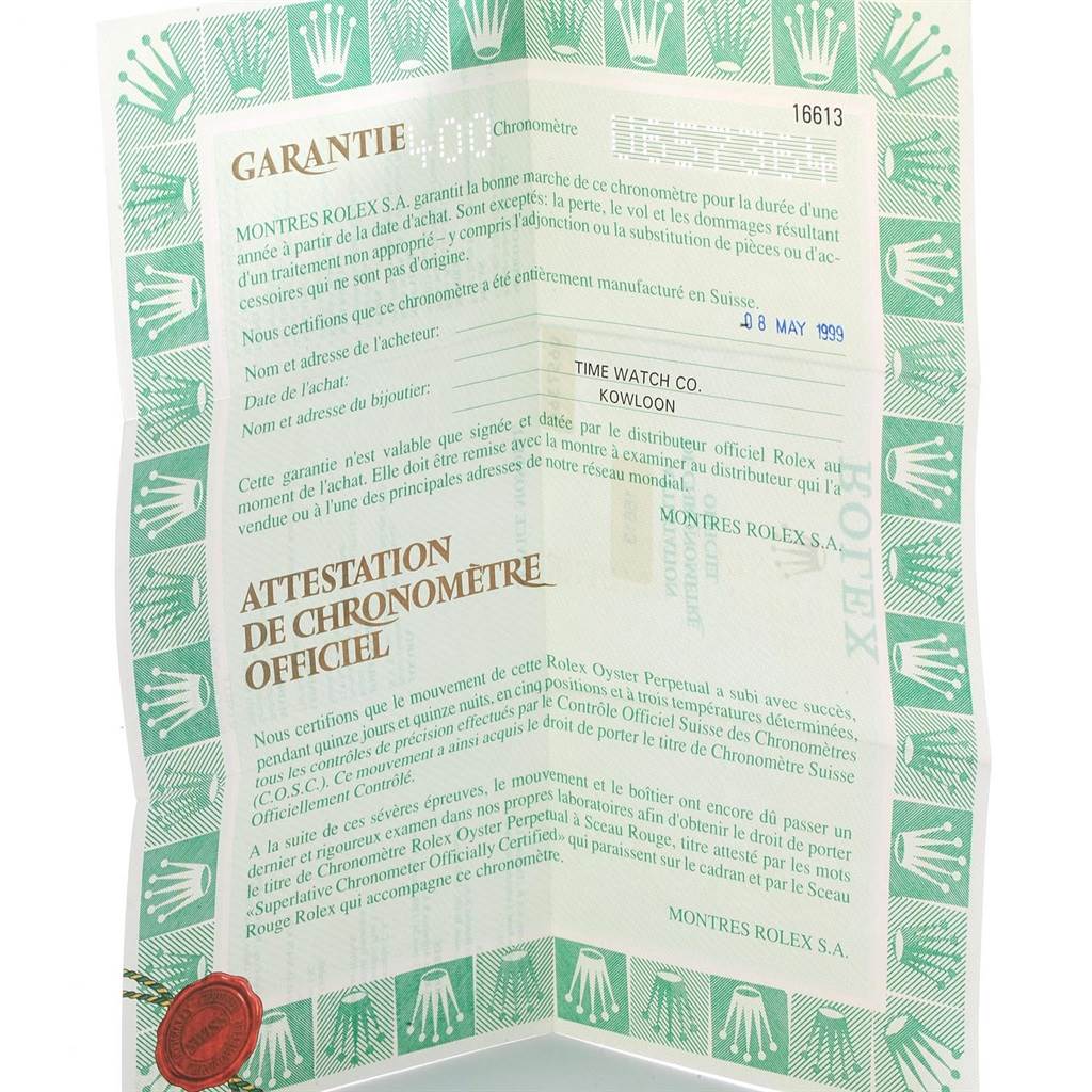 This image shows the warranty certificate for a Rolex Submariner 16613 Men's Steel and Gold (two tone) Grey Dial 16613 Men's Steel and Gold (two tone) Grey Dial watch.