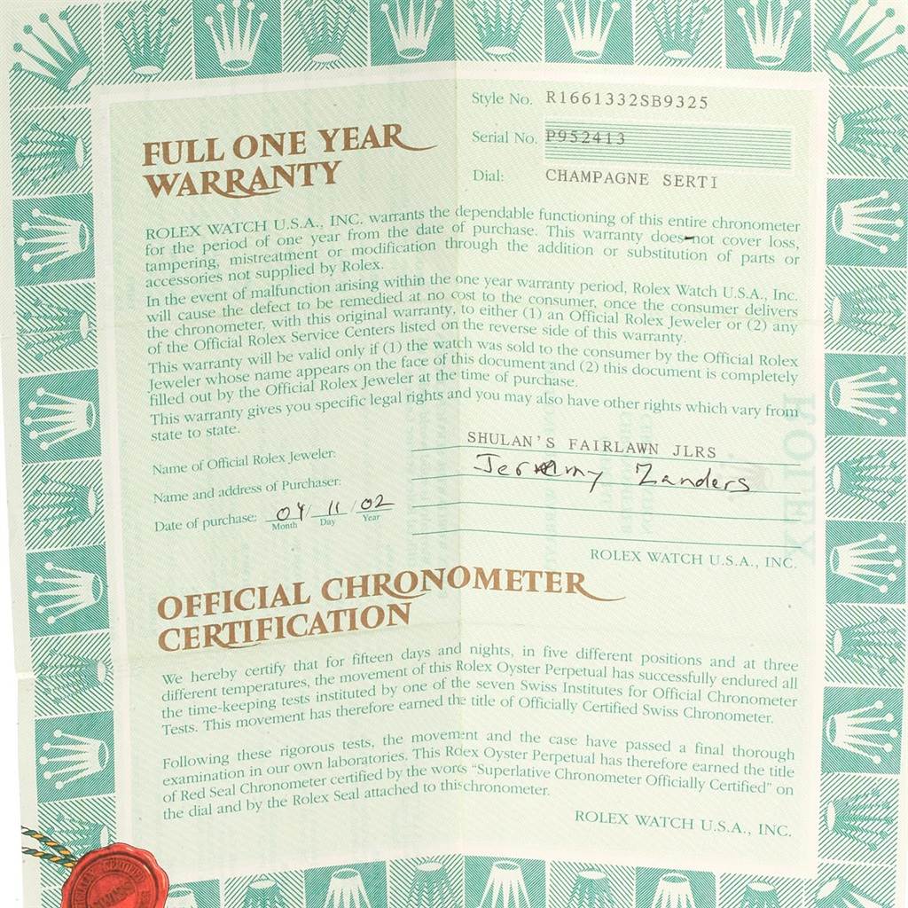 This image shows a warranty card and official chronometer certification for a Rolex Submariner 16613 Men's Steel and Gold (two tone) Champagne Dial 16613 Men's Steel and Gold (two tone) Champagne Dial model watch.