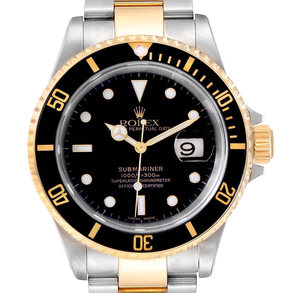 The image shows a front view of a Rolex Submariner 16613 Men's Steel and Gold (two tone) Black Dial 16613 Men's Steel and Gold (two tone) Black Dial, highlighting its black dial, gold and steel bracelet, rotating bezel, and date window.