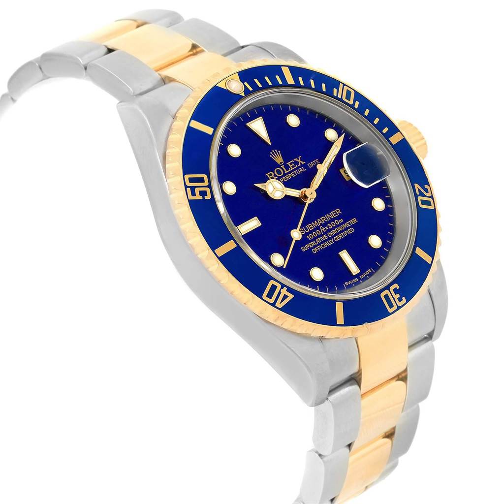 The Rolex Submariner 16613 Men's Steel and Gold (two tone) Blue Dial 16613 Men's Steel and Gold (two tone) Blue Dial watch is shown at a slight angle, displaying the face, bezel, and part of the bracelet.