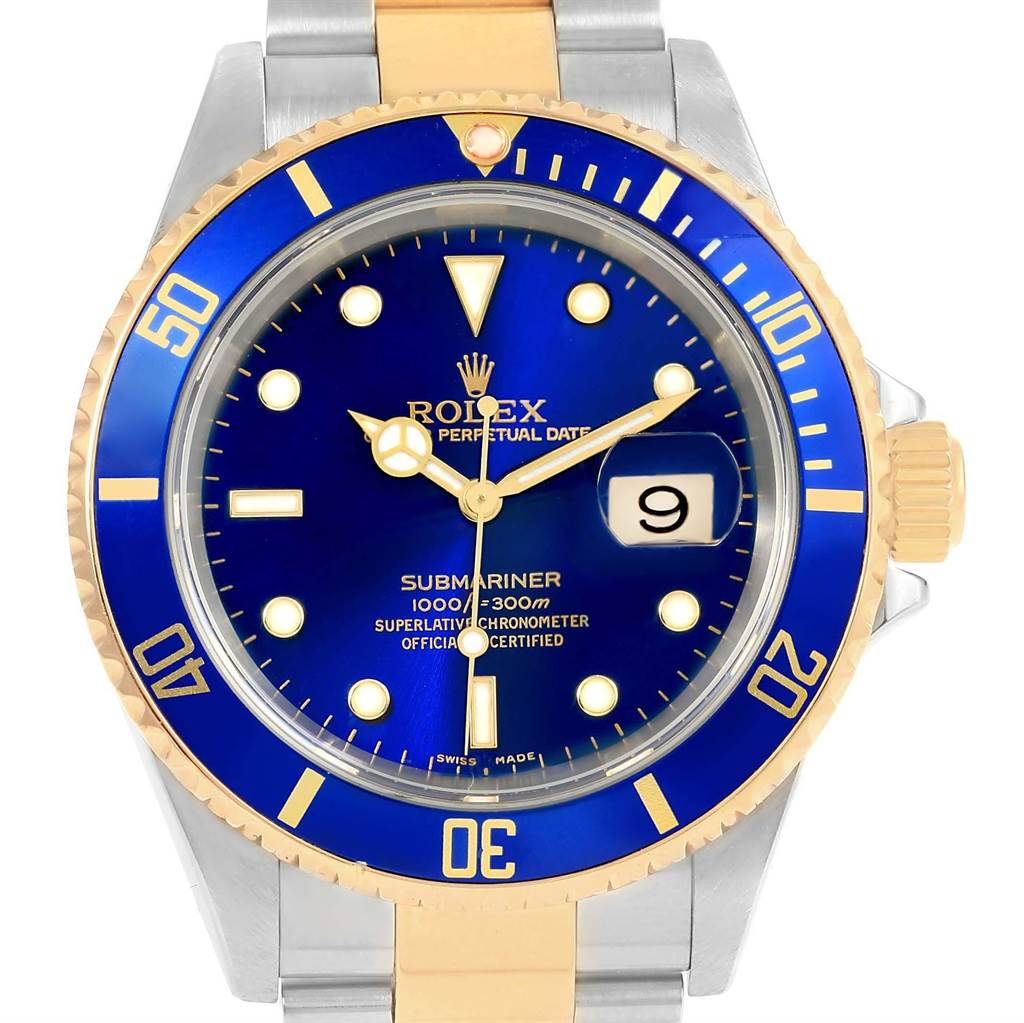 The image shows a front view of a Rolex Submariner 16613 Men's Steel and Gold (two tone) Blue Dial 16613 Men's Steel and Gold (two tone) Blue Dial watch, highlighting its blue dial, bezel, and two-tone metal bracelet.