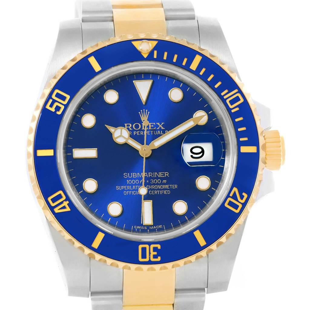 The image shows a front view of a Rolex Submariner 116613 Men's Steel and Gold (two tone) Blue Dial 116613 Men's Steel and Gold (two tone) Blue Dial watch, highlighting its blue dial, gold accents, and bezel.