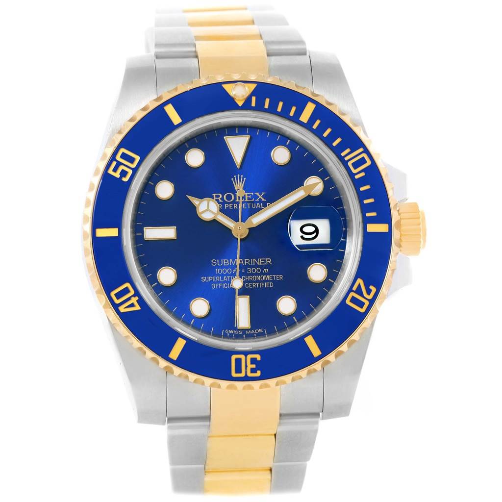 This image shows a front view of a Rolex Submariner 116613 Men's Steel and Gold (two tone) Blue Dial 116613 Men's Steel and Gold (two tone) Blue Dial watch with a blue dial and bezel, stainless steel, and gold bracelet.