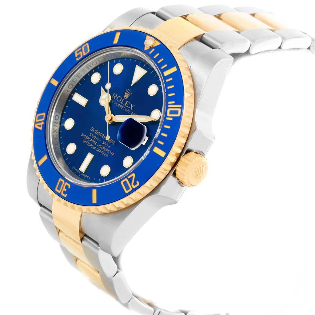 This image shows a Rolex Submariner 116613 Men's Steel and Gold (two tone) Blue Dial 116613 Men's Steel and Gold (two tone) Blue Dial watch at an oblique angle, highlighting its blue dial, bezel, and two-tone bracelet.