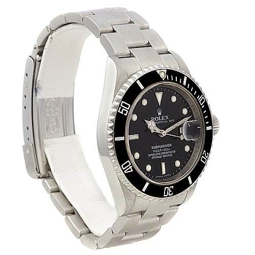 This image shows a side angle of a Rolex Submariner 16610 Men's Stainless Steel Black Dial 16610 Men's Stainless Steel Black Dial watch, highlighting the bezel, dial, crown, and bracelet.