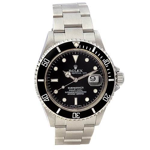The image shows a frontal view of a Rolex Submariner 16610 Men's Stainless Steel Black Dial 16610 Men's Stainless Steel Black Dial watch, displaying its dial, bezel, bracelet, and crown.