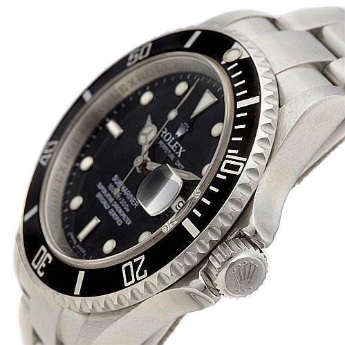 The image shows a side angle of the Rolex Submariner 16610 Men's Stainless Steel Black Dial 16610 Men's Stainless Steel Black Dial, highlighting the bezel, crown, and part of the bracelet.