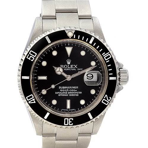 The image depicts a Rolex Submariner 16610 Men's Stainless Steel Black Dial 16610 Men's Stainless Steel Black Dial watch shown from the front, highlighting the face, bezel, and bracelet.