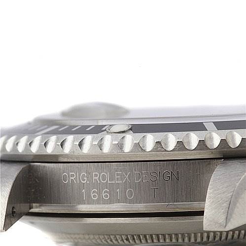 The image shows a close-up side view of the bezel and case, including the model number, of a Rolex Submariner 16610 Men's Stainless Steel Black Dial 16610 Men's Stainless Steel Black Dial watch.