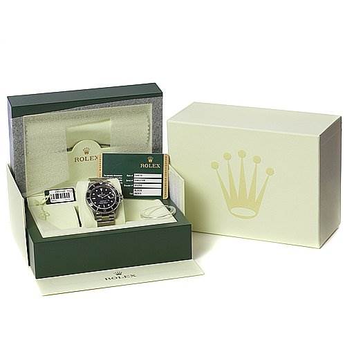 The image shows a Rolex Submariner 16610 Men's Stainless Steel Black Dial 16610 Men's Stainless Steel Black Dial watch in its packaging, including a green box, warranty card, and tags.