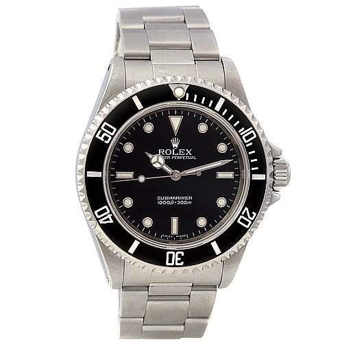 This image shows a frontal view of the Rolex Submariner 14060 Men's Stainless Steel Black Dial 14060 Men's Stainless Steel Black Dial watch displaying the dial, bezel, case, and bracelet.