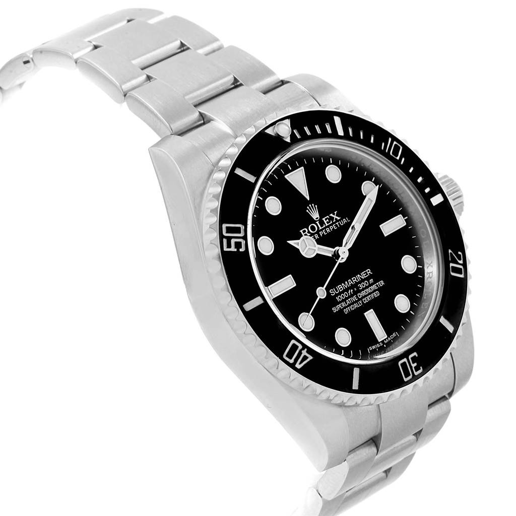 The image shows the Rolex Submariner 114060 Men's Stainless Steel Black Dial 114060 Men's Stainless Steel Black Dial watch at a side angle, highlighting the bezel, dial, and part of the bracelet.