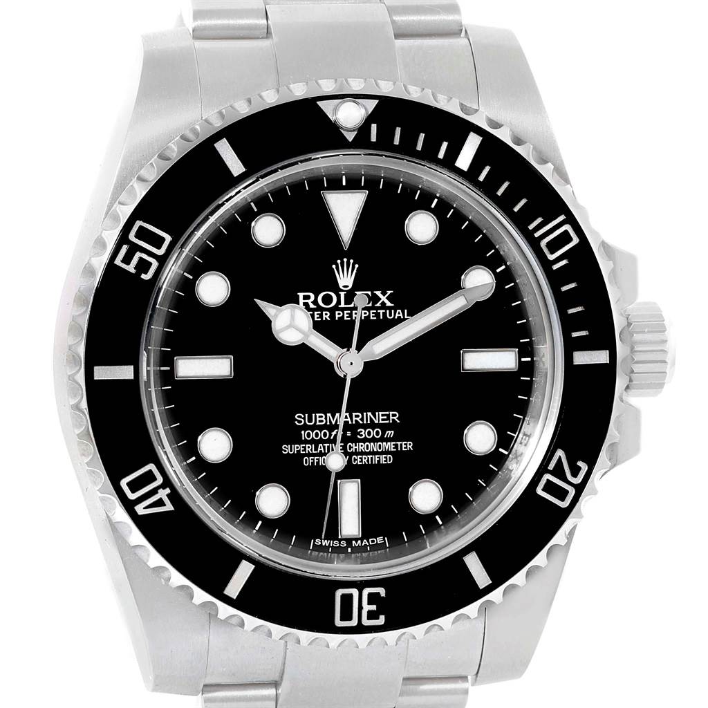 The image shows a front view of the Rolex Submariner 114060 Men's Stainless Steel Black Dial 114060 Men's Stainless Steel Black Dial watch, highlighting its dial, bezel, and part of the bracelet.