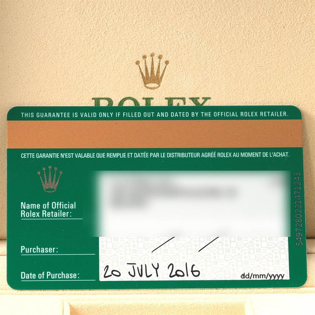 The image shows a guarantee card dated 20 July 2016 for a Rolex Submariner 114060 Men's Stainless Steel Black Dial 114060 Men's Stainless Steel Black Dial watch against a Rolex-branded background.