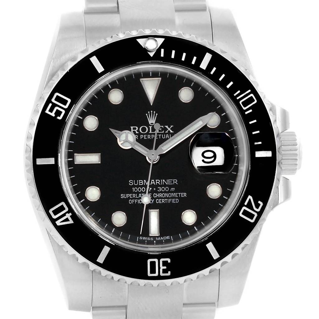 The image shows a front view of a Rolex Submariner 116610 Men's Stainless Steel Black Dial 116610 Men's Stainless Steel Black Dial watch, displaying its black dial, bezels, and stainless steel bracelet.